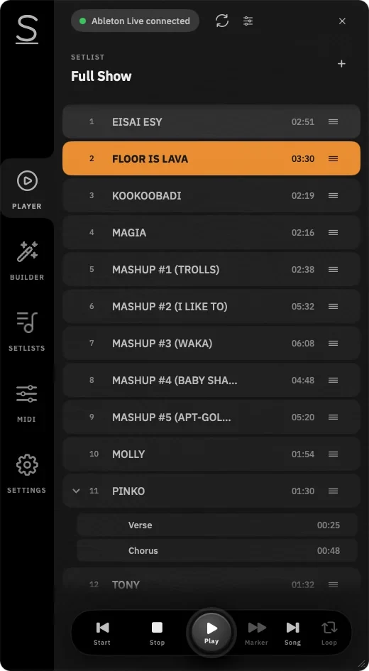 SetStage setlist navigation view showing songs, song sections, durations, and playback controls