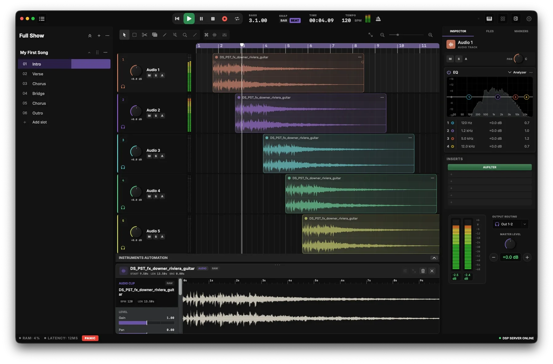 Arco Live DAW and playback view showing audio tracks, arrangement, automation, effects, and output routing