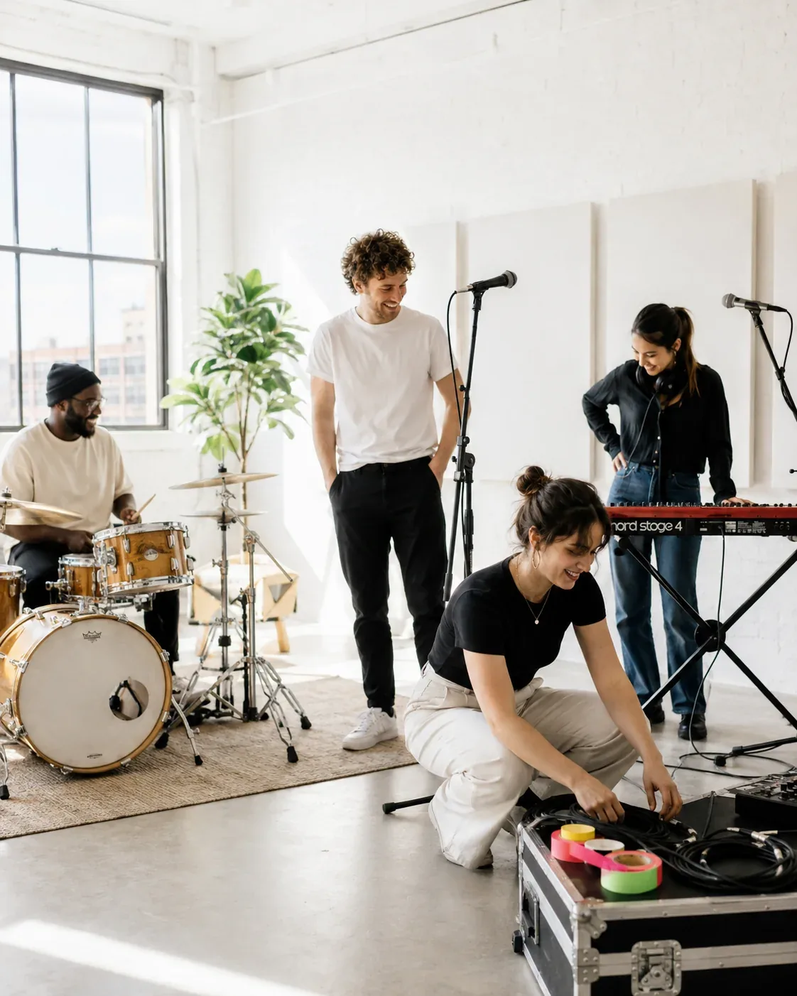 A band rehearsing with drums, keyboards, microphones, and live-show equipment