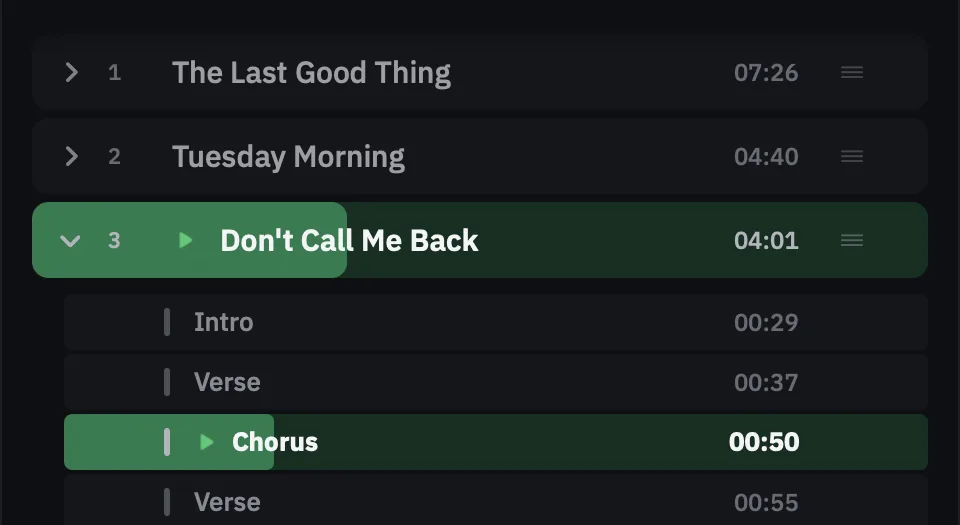 The SetStage setlist in its dark interface, with the playing song and its sections lit in green