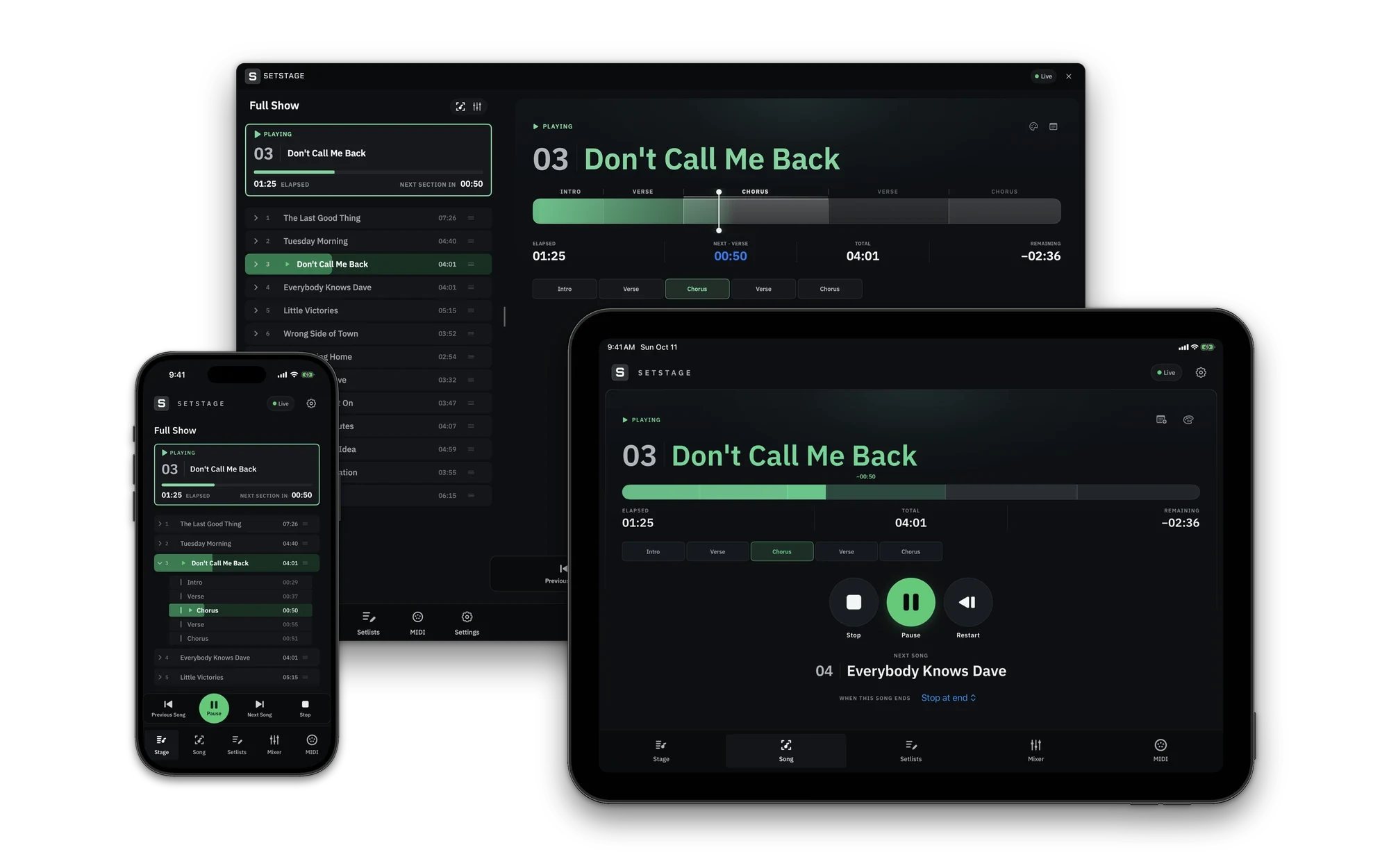SetStage running on a Mac, an iPad, and an iPhone showing the live setlist and current song