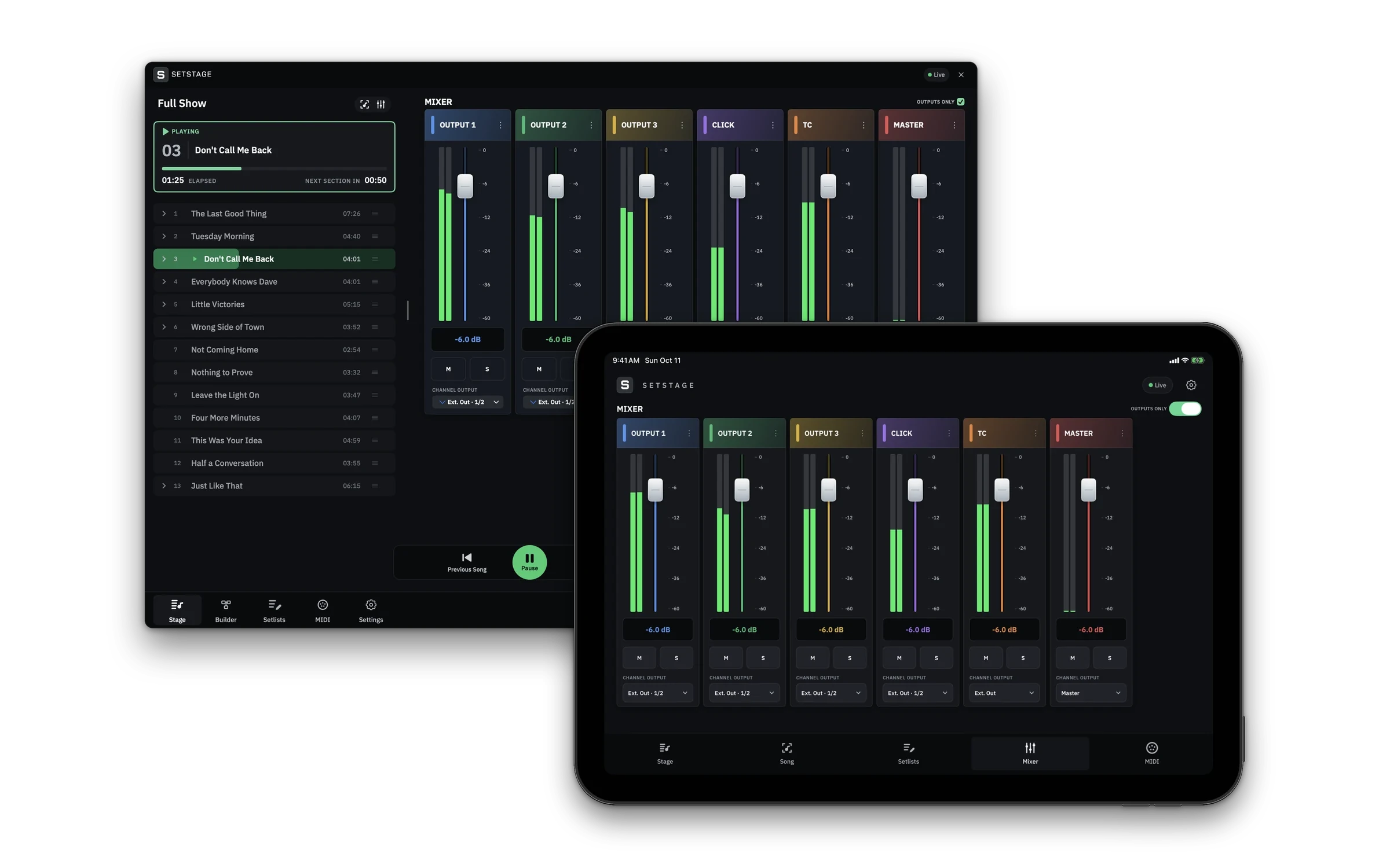 SetStage on a Mac and an iPad showing the setlist beside the output mixer
