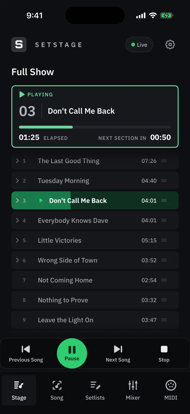 SetStage on iPhone: the setlist with the playing song