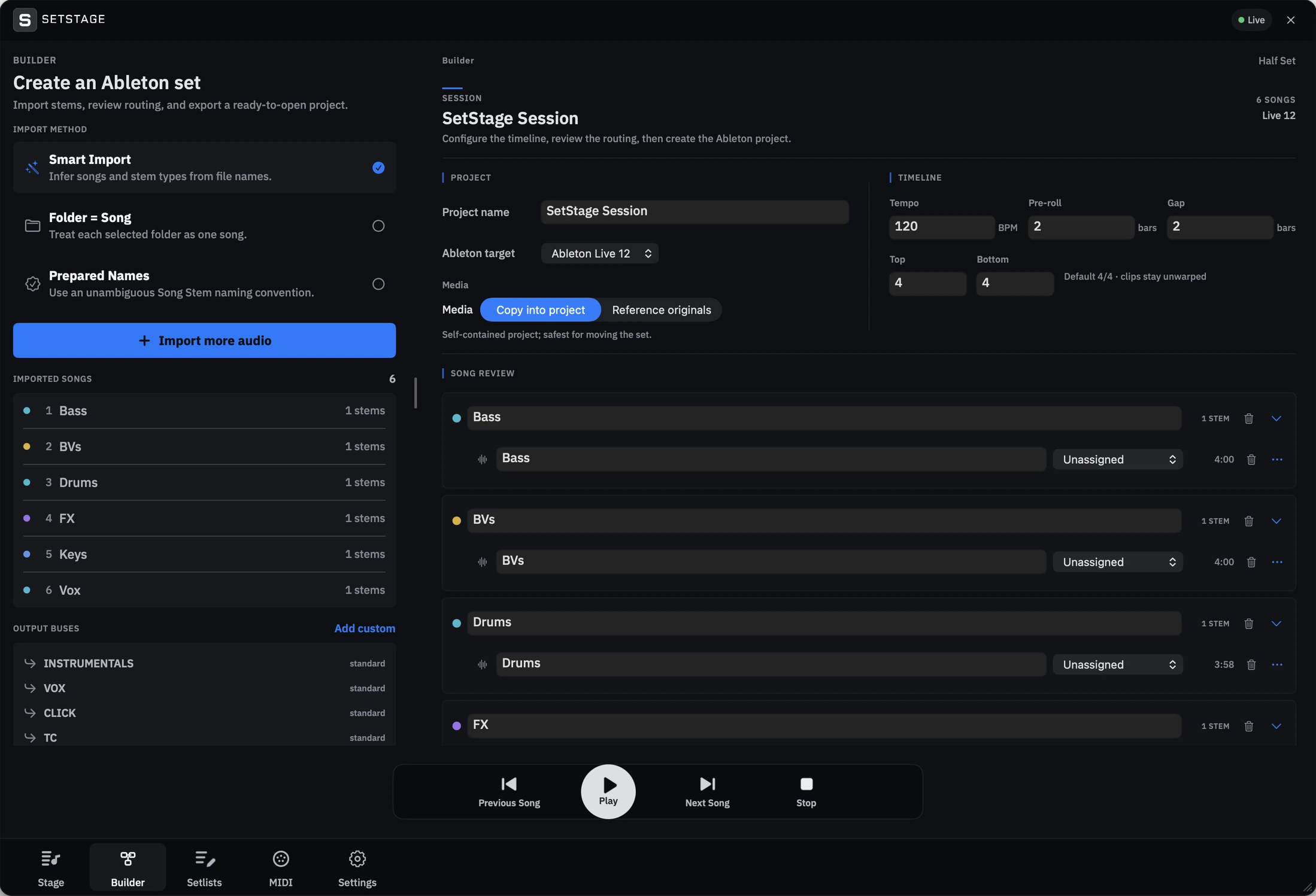 Click to see the picture larger The SetStage Builder reviewing songs before export