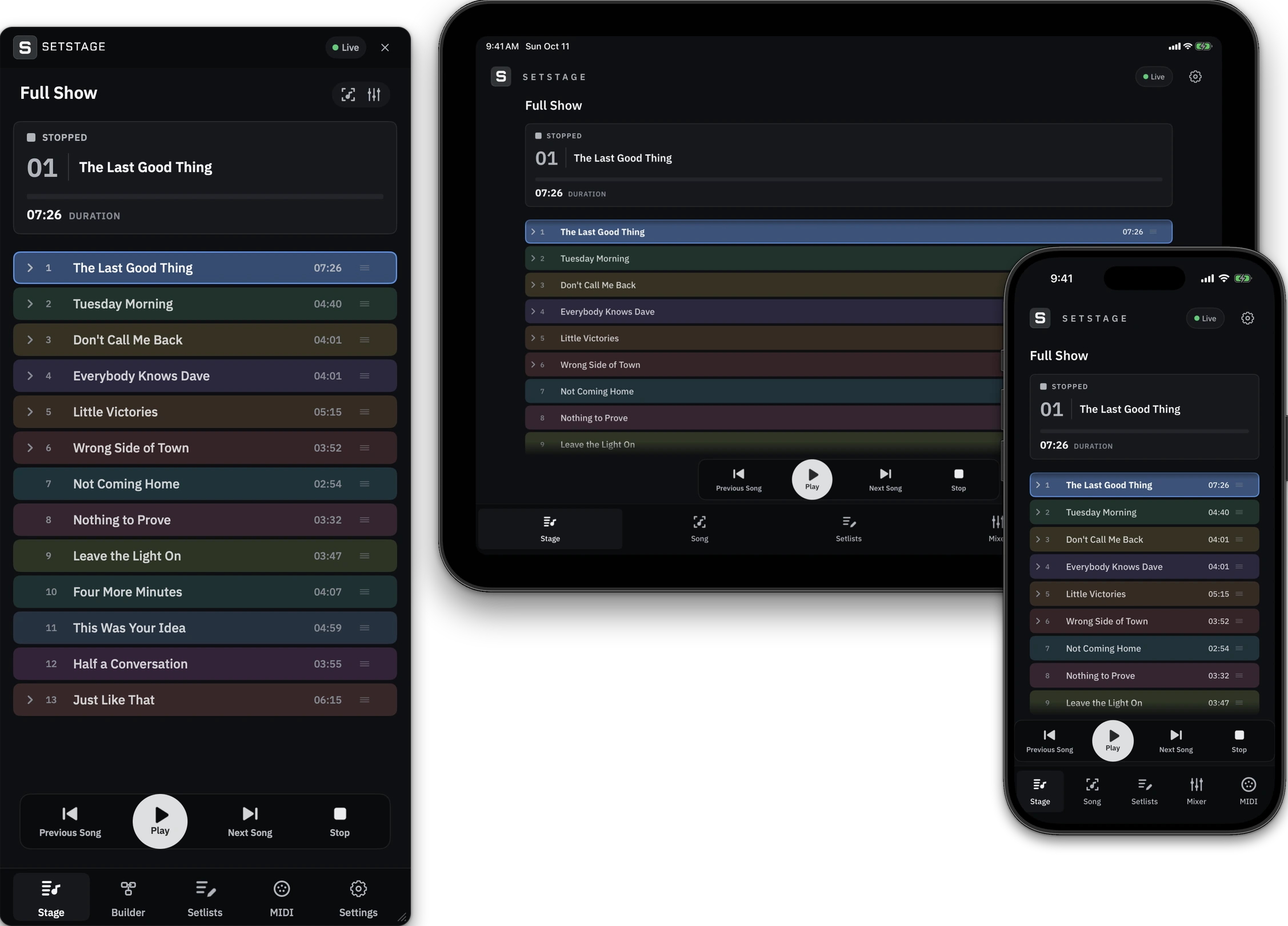 Click to see the picture larger A colour-coded setlist on SetStage for Mac, with the same colours on an iPad and an iPhone.