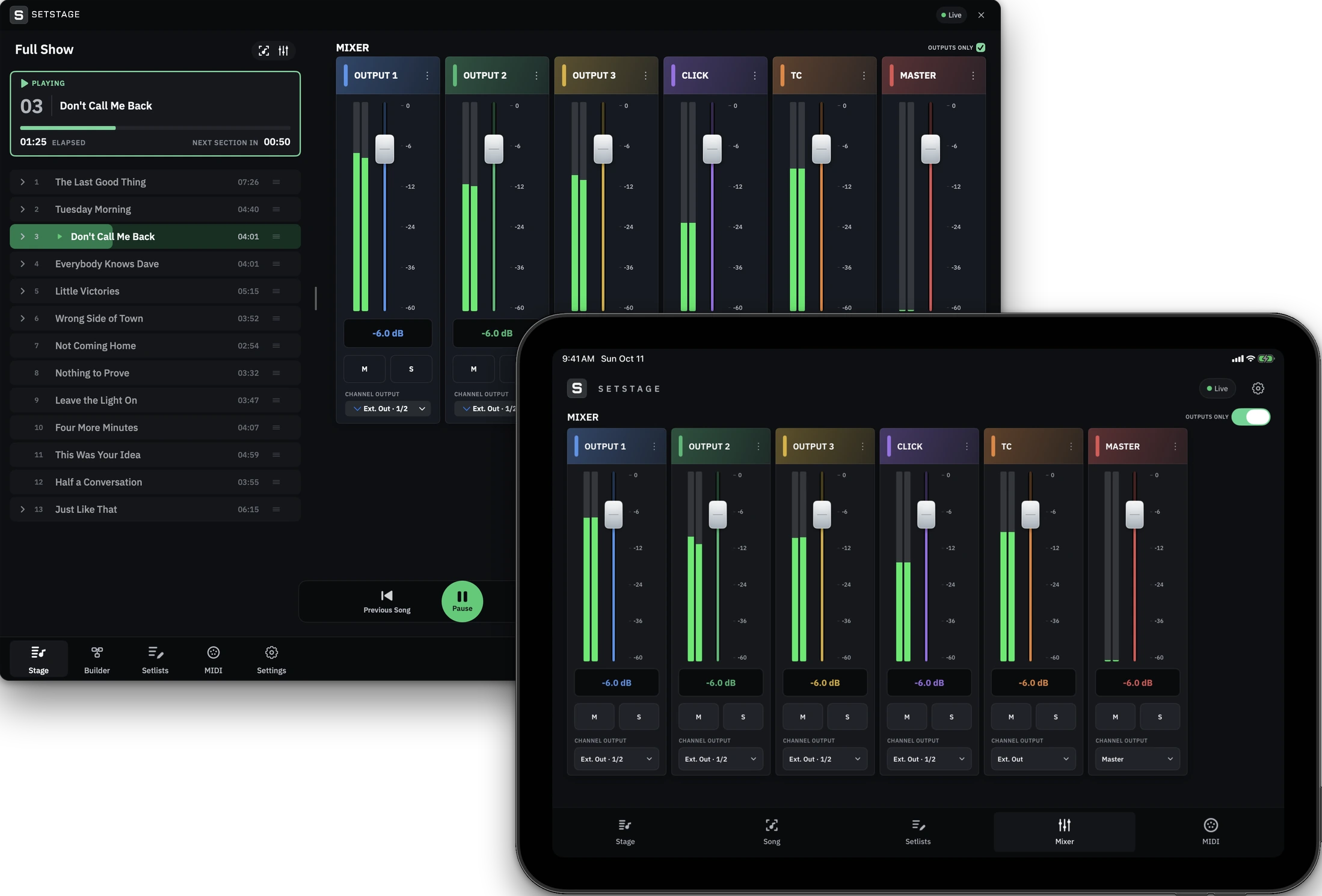 Click to see the picture larger SetStage on a Mac and an iPad showing the output mixer