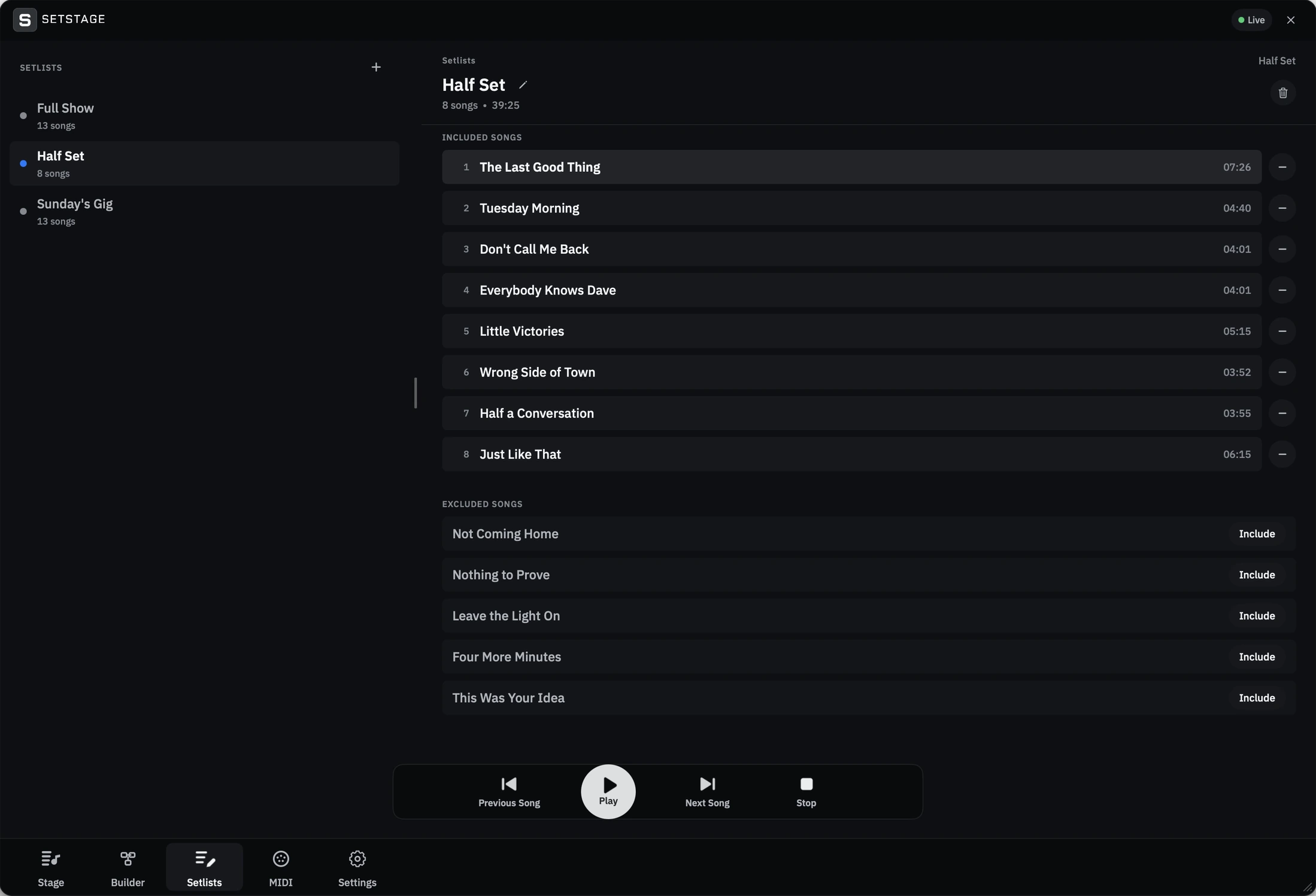 Click to see the picture larger The SetStage setlists page on a Mac with a full show, a half set and included and excluded songs