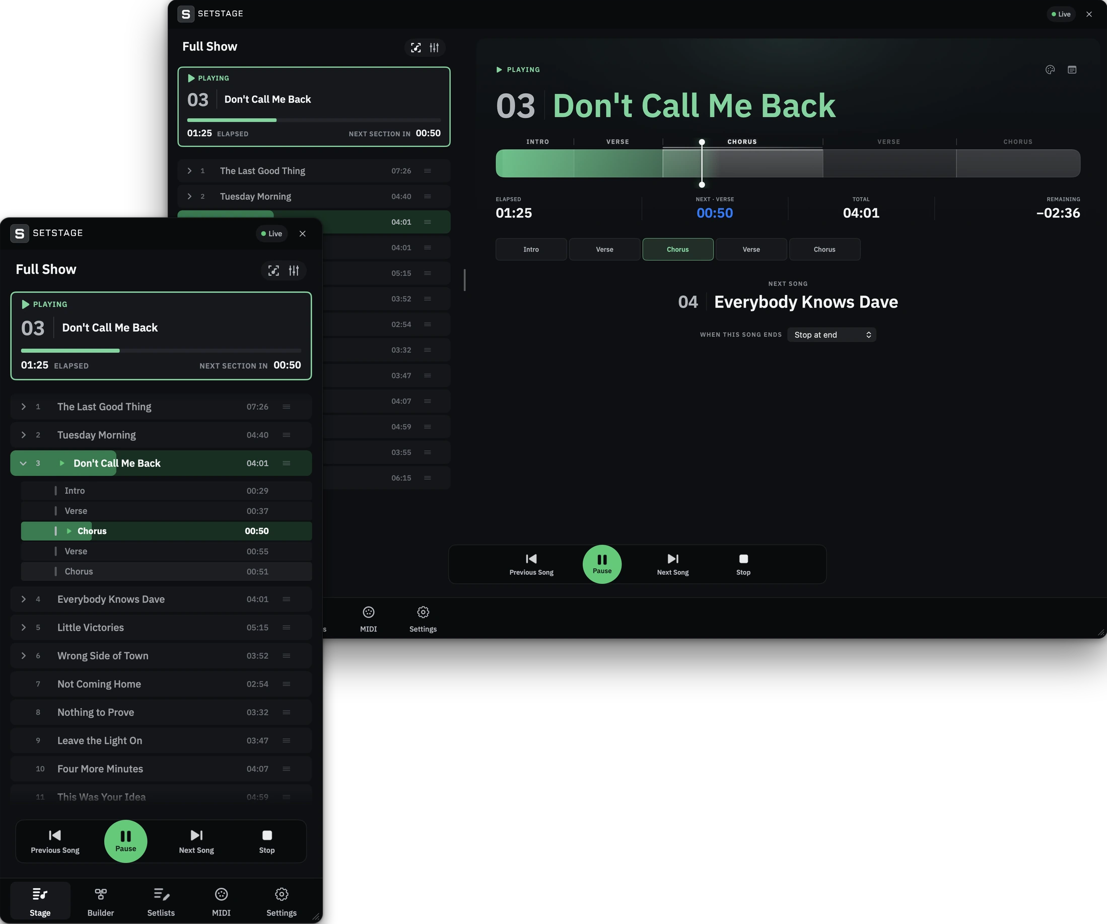 Click to see the picture larger The SetStage stage view on a Mac with the playing song, section timeline and countdown
