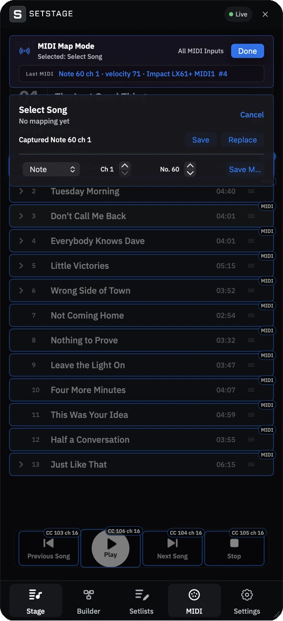 Click to see the picture larger SetStage in MIDI Map Mode, selecting a song to map