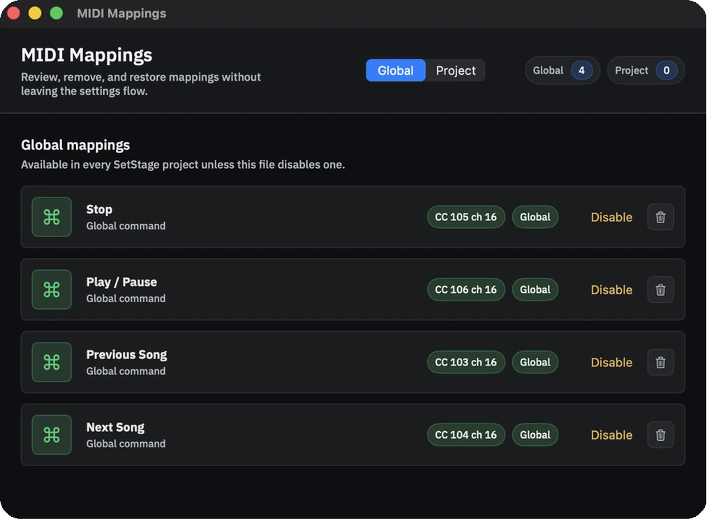 Click to see the picture larger The MIDI Mappings window listing the global mappings for stop, play and pause, previous song and next song